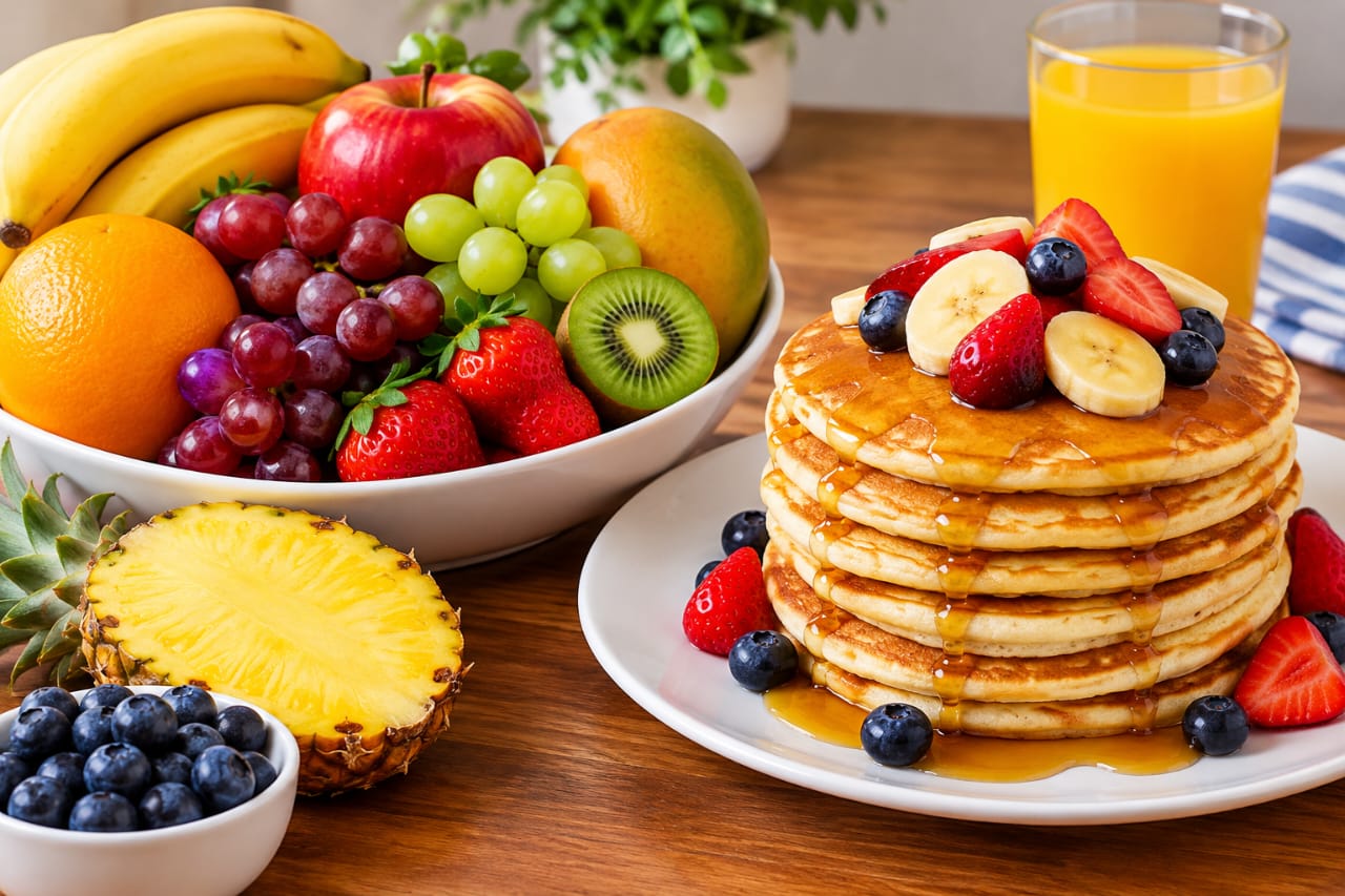 Pancakes and fresh fruit make a lovely breakfast